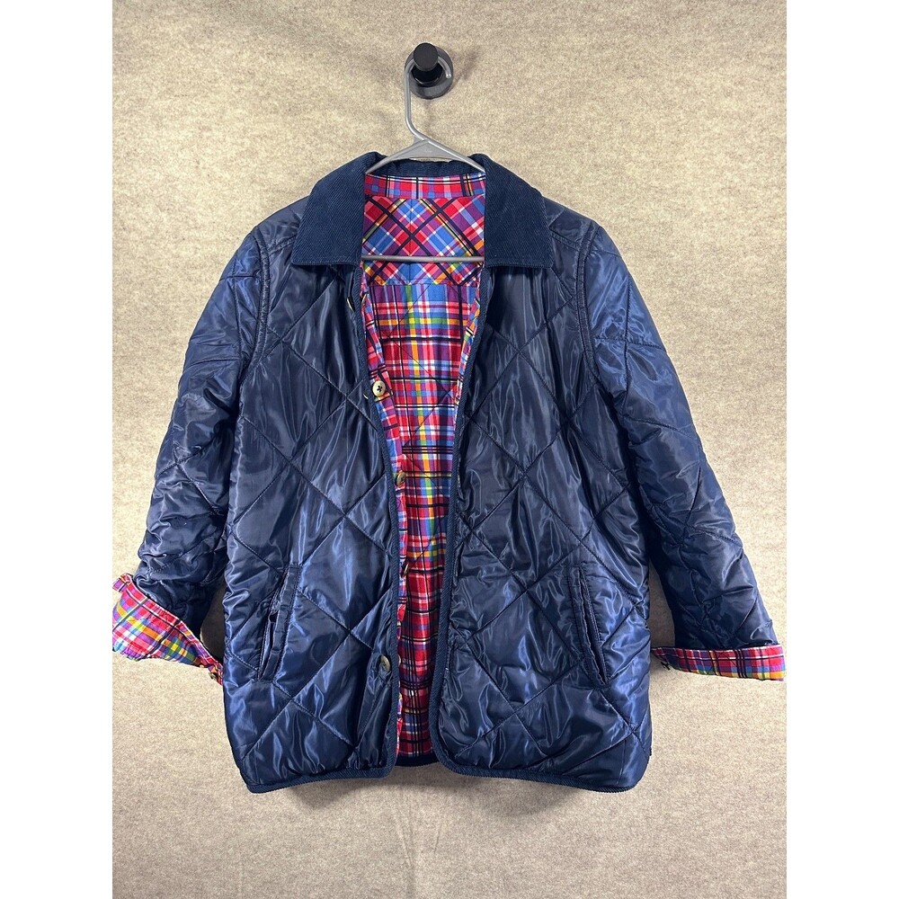 Rafaella Women's Reversible Quilted Jacket Navy Madras Plaid Corduroy Collar